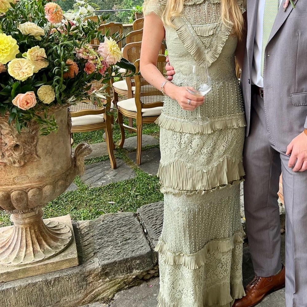 Alice + Olivia Albertine Sage Green Lace Embroidered Maxi Dress